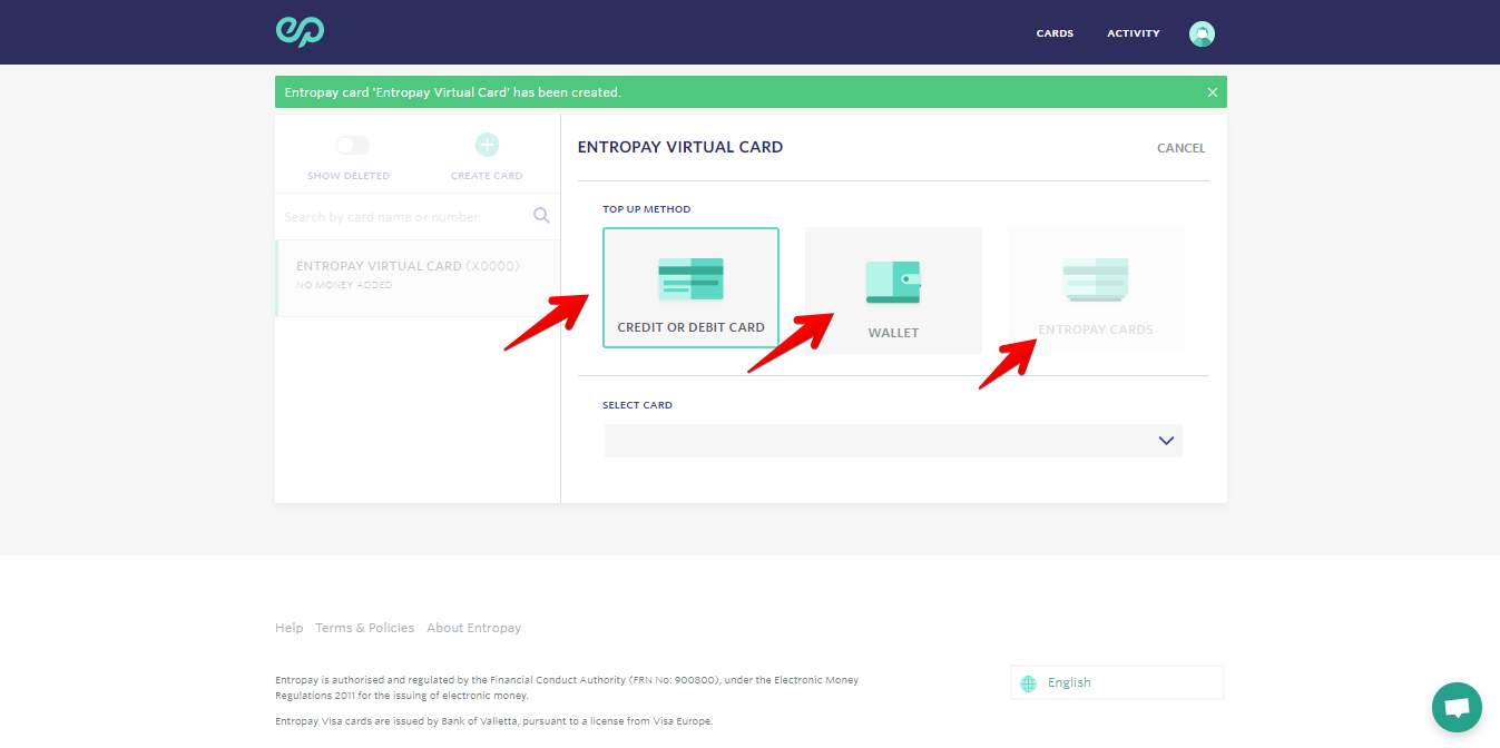 Entropay screenshot displaying how to top up virtual card 2